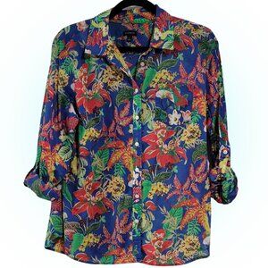 TALBOTS WOMENS TROPICAL PRINT COTTON BLOUSE SHIRT EUC L